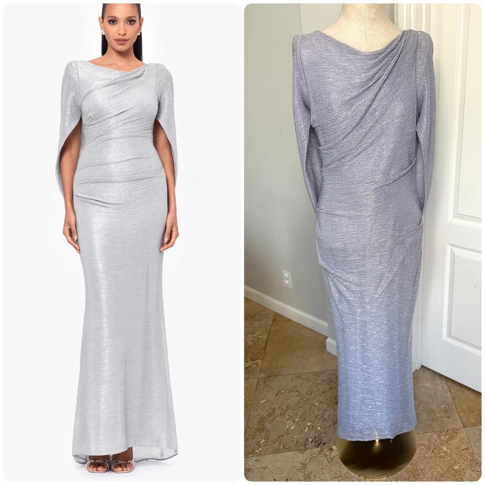 Betsy & Adam Elaine Metallic Crinkle Cape Sleeve Silver Gown  Sz 8